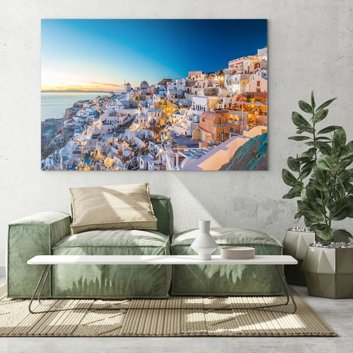 Tablou pe sticlă - Panorama orașului Santorini la apus - 70x50cm - Esența grecității - Decorațiune modernă pentru perete pentru living și dormitor ARTTOR