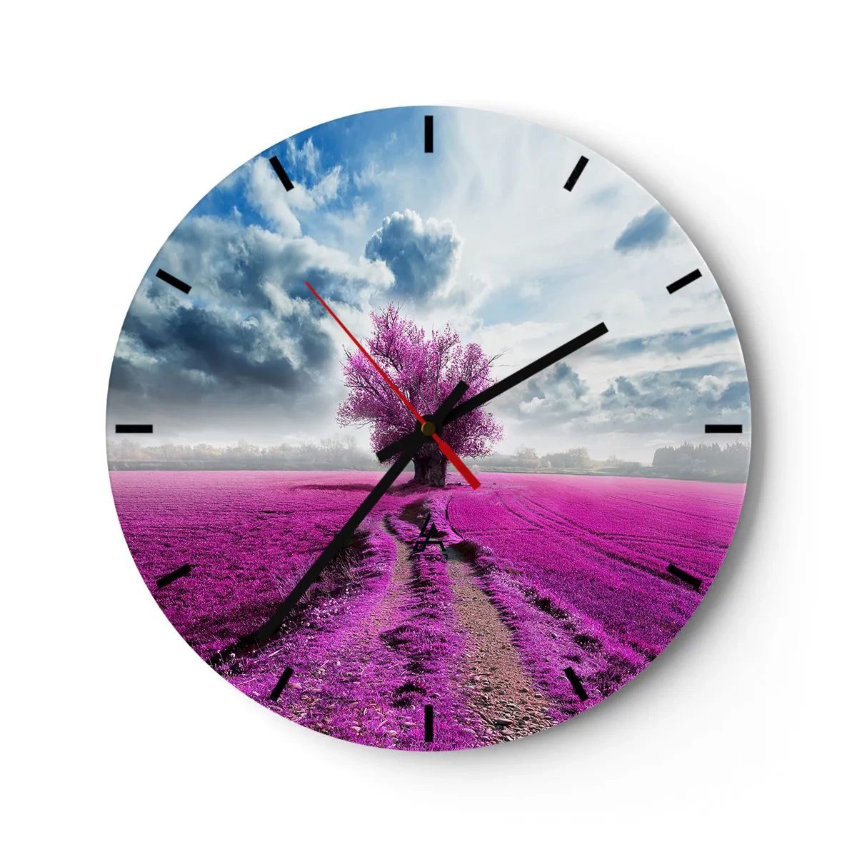 Ceas de perete - Ceas pe sticlă - Un câmp violet cu un copac singuratic pe fundalul norilor - 30x30cm - Câmpul cu iarbă neagră - Decorațiune modernă pentru perete pentru living, bucătărie și dormitor ARTTOR