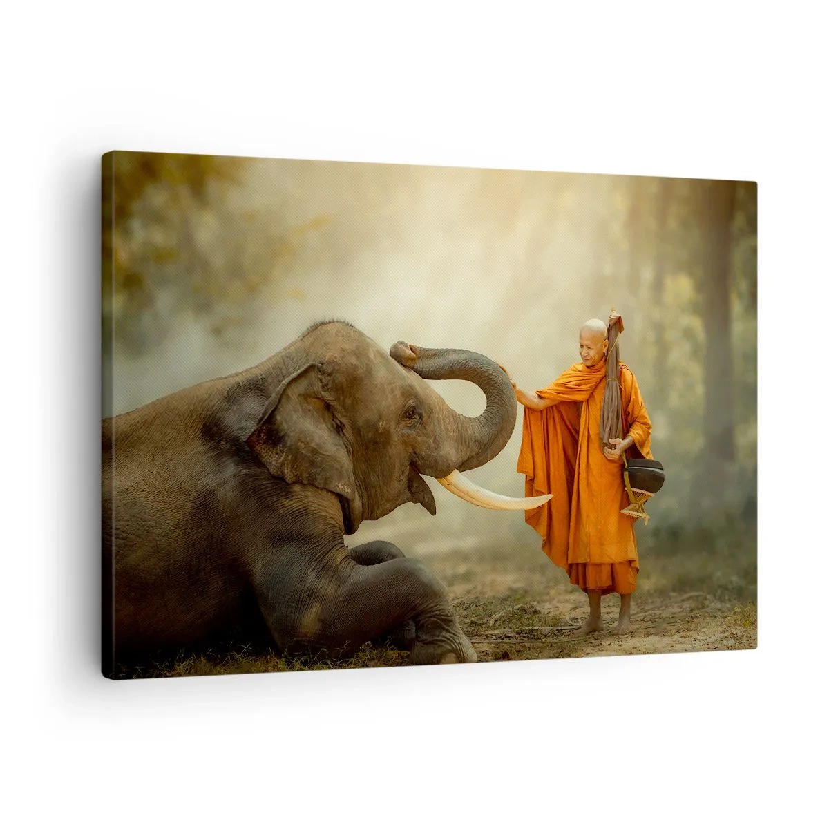 Tablou pe pânză Canvas - Un călugăr și un elefant în armonie pe fundalul naturii - 70x50cm - Întâlnire în călătorie - Decorațiune modernă pentru perete pentru living și dormitor ARTTOR