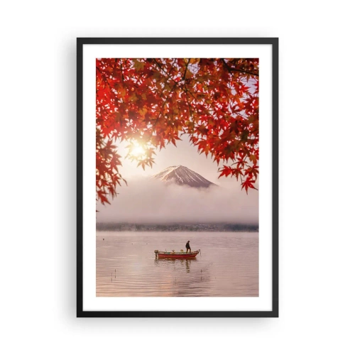 Poster în ramă neagră - Muntele Fuji cu o barcă pe un lac și frunze de toamnă - 50x70cm - În stil japonez - Decorațiune modernă pentru perete pentru living și dormitor ARTTOR