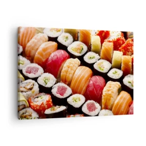 Tablou pe pânză Canvas - Sushi colorat aranjat în rânduri cu diverse toppinguri - 70x50cm - Culorile și aromele Asiei - Decorațiune modernă pentru perete pentru living și dormitor ARTTOR