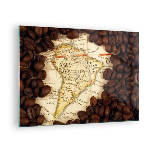 Tablou pe sticlă - O hartă a Americii de Sud înconjurată de boabe de cafea. - 70x50cm - De unde provine cea mai bună cafea? - Decorațiune modernă pentru perete pentru living și dormitor ARTTOR