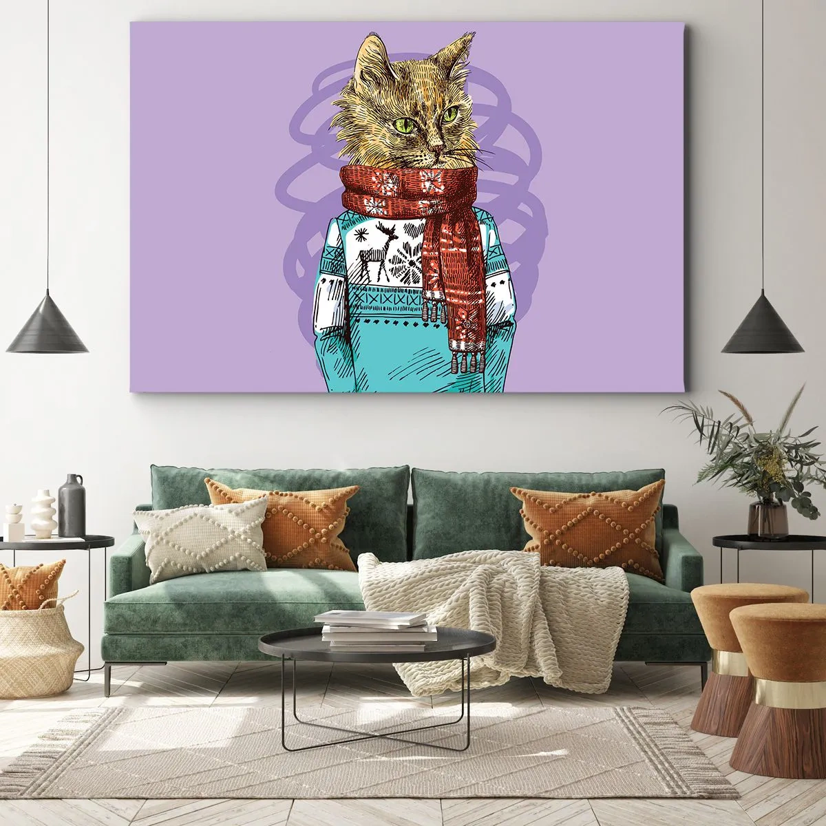Tablou pe pânză Canvas - O pisică într-un pulover și o eșarfă pe un fundal violet - 70x50cm - Motanul nu numai încălțat - Decorațiune modernă pentru perete pentru living și dormitor ARTTOR
