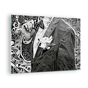 Tablou pe sticlă - Abstracție alb-negru cu modele geometrice - 70x50cm - Doar un om aparent gri - Decorațiune modernă pentru perete pentru living și dormitor ARTTOR