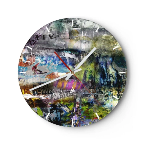 Ceas de perete - Ceas pe sticlă - Colaj abstract în diverse culori cu inscripții - 30x30cm - Colaj de amintiri - Decorațiune modernă pentru perete pentru living, bucătărie și dormitor ARTTOR