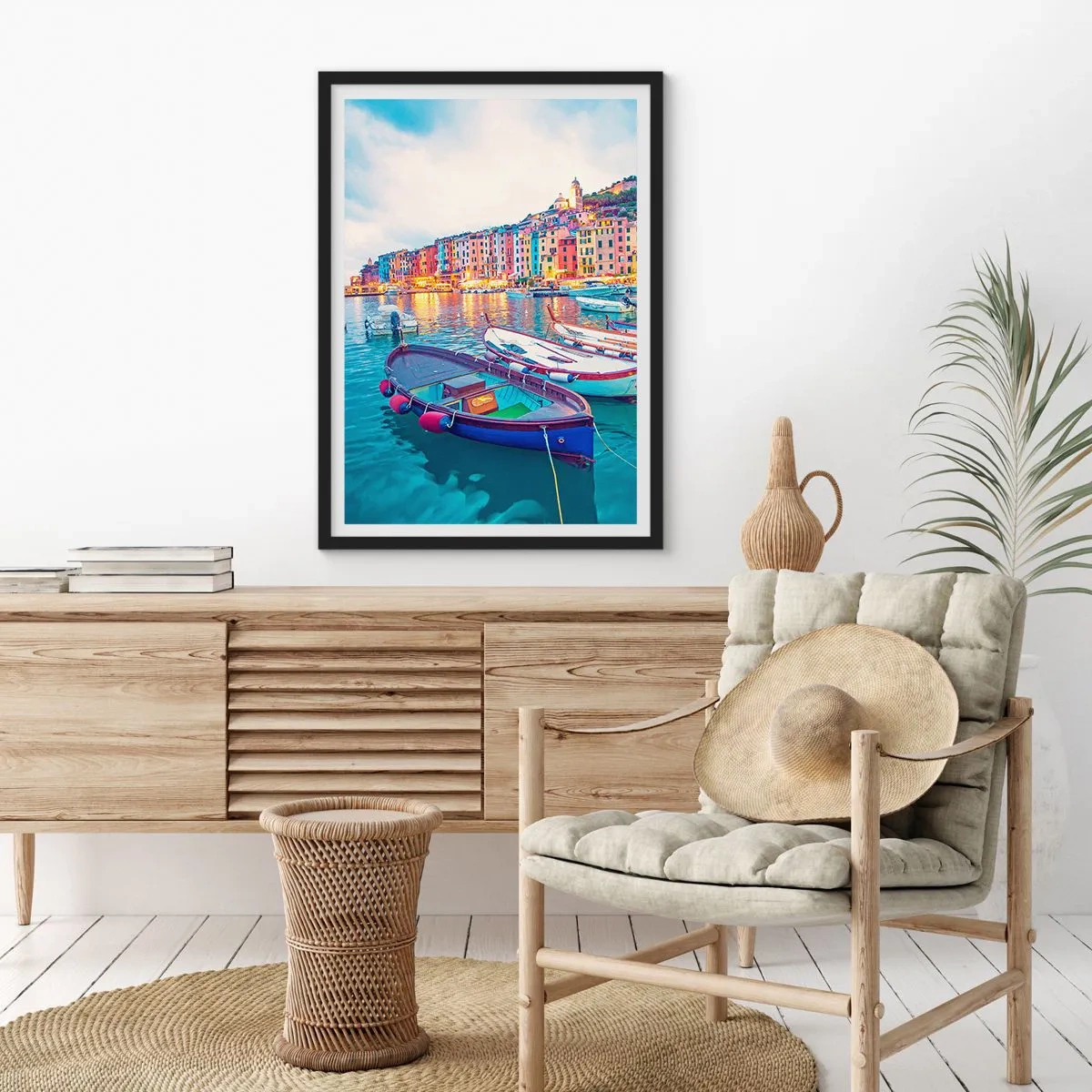 Poster în ramă neagră - O seară plină de culoare în port - 40x50 cm
