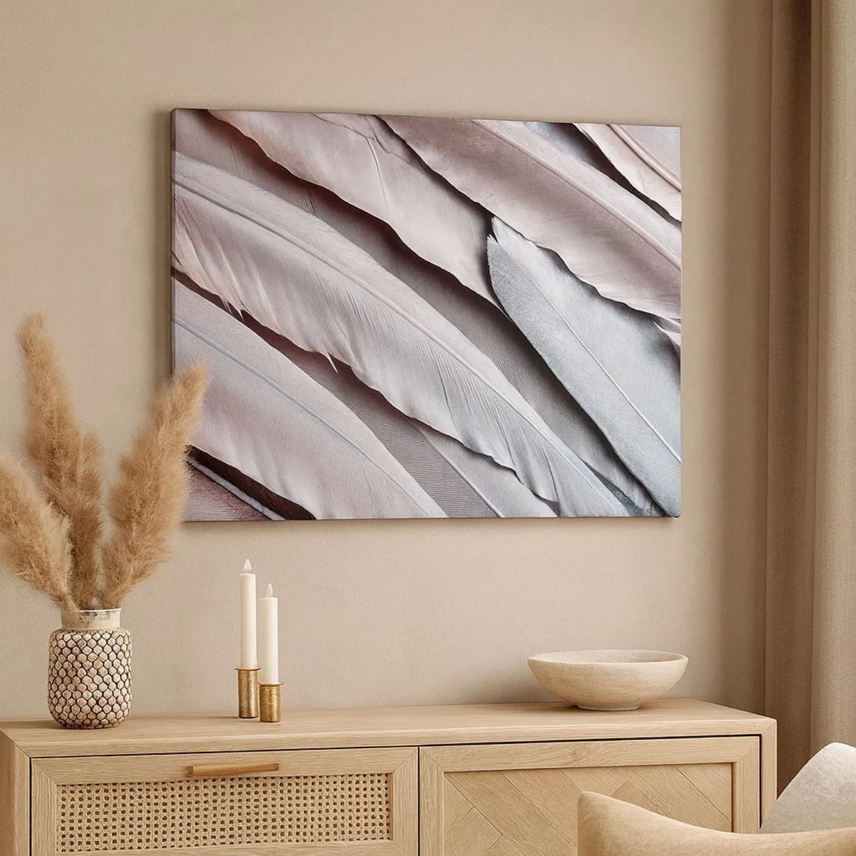Tablou pe pânză Canvas - Pene delicate în nuanțe subtile de gri și bej - 70x50cm - Argintul roz - Decorațiune modernă pentru perete pentru living și dormitor ARTTOR
