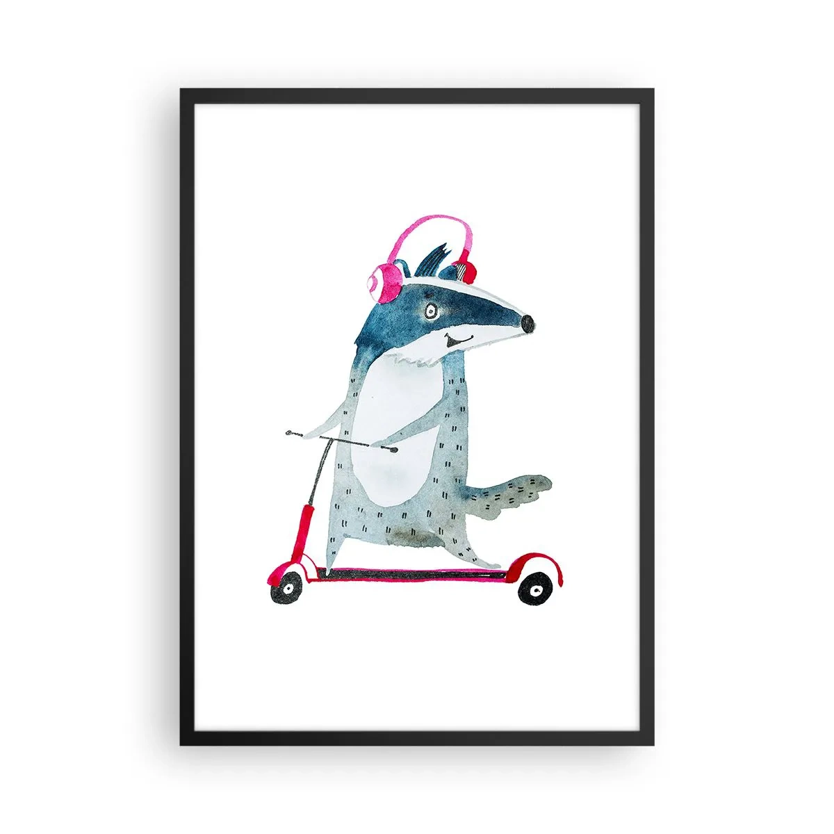 Poster în ramă neagră - Ilustrație a unui bursuc pe un scuter purtând căști roz - 50x70cm - Bucurie de bursuc - Decorațiune modernă pentru perete pentru living și dormitor ARTTOR