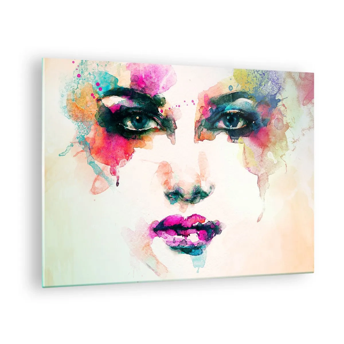Tablou pe sticlă - Portret de femeie în culori și detalii de acuarelă - 70x50cm - Portret pictat cu un curcubeu - Decorațiune modernă pentru perete pentru living și dormitor ARTTOR