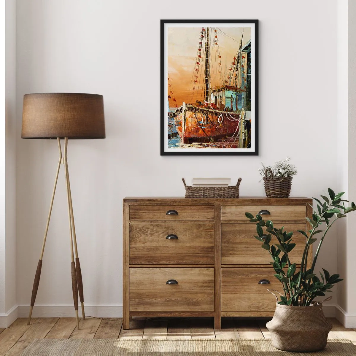 Poster în ramă neagră - O corabie cu pânze pe fundalul soarelui care apune - 50x70cm - Întoarcere pașnică - Decorațiune modernă pentru perete pentru living și dormitor ARTTOR