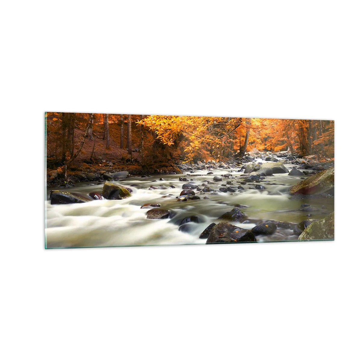 Tablou pe sticlă - Un pârâu într-o pădure de aur - 100x40 cm
