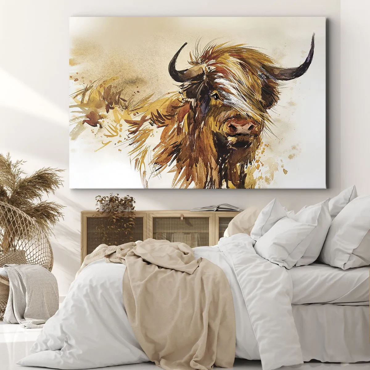 Tablou pe pânză Canvas - Portretul unui taur într-un stil artistic de acuarelă - 70x50cm - Mândria vânătorului - Decorațiune modernă pentru perete pentru living și dormitor ARTTOR