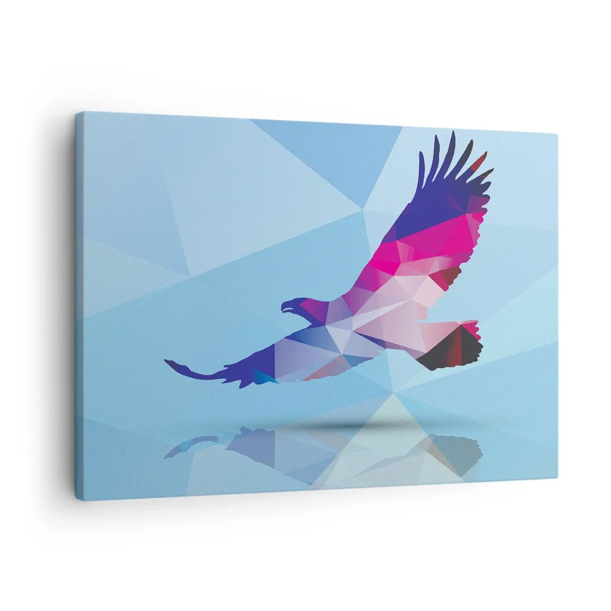 Tablou pe pânză Canvas - Siluetă geometrică a unui vultur în zbor pe un fundal albastru - 70x50cm - Vultur în cristal liliachiu - Decorațiune modernă pentru perete pentru living și dormitor ARTTOR