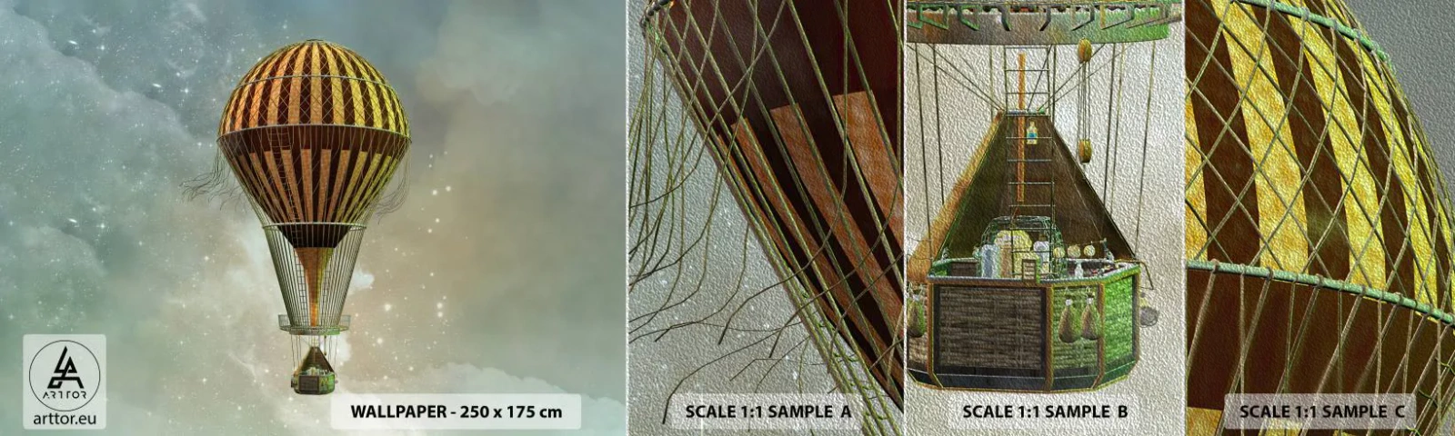 Mostră tapet Premium Sand - Zboruri de pionierat - Balon, A zbura, nori - 100x30 cm