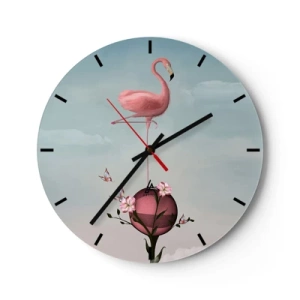 Ceas de perete - Ceas pe sticlă - Un flamingo roz stând pe o minge decorată cu flori. - 30x30cm - Alegoria mingii de baschet - Decorațiune modernă pentru perete pentru living, bucătărie și dormitor ARTTOR