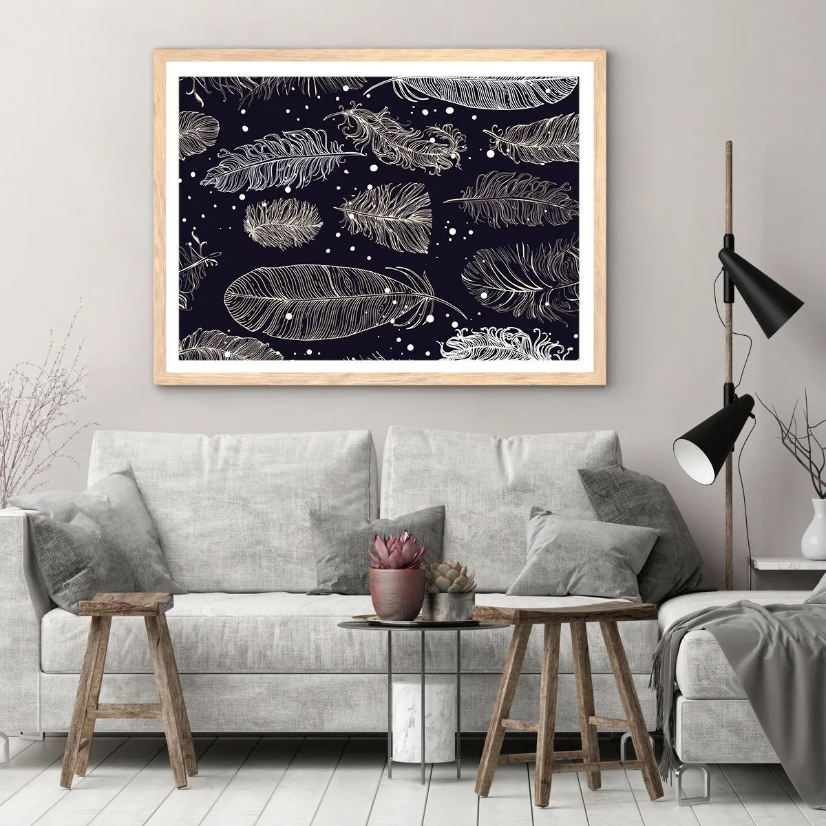 Poster în ramă de stejar deschis - Dantelă cu pene - 100x70 cm