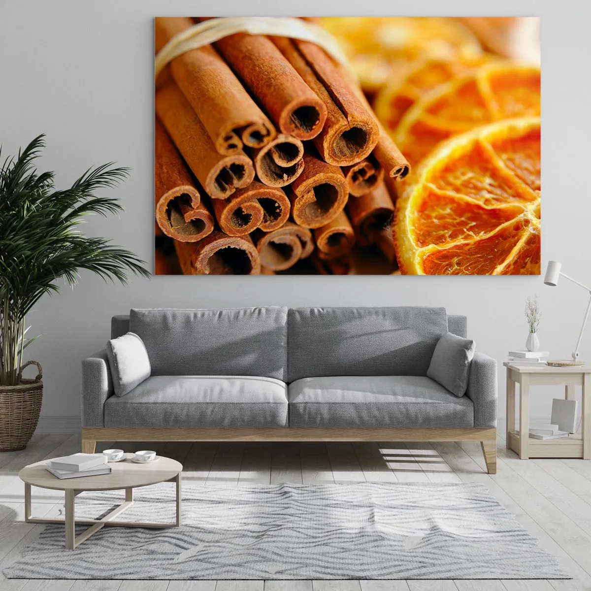 Tablou pe sticlă - Prim-plan cu bețișoare de scorțișoară și felii de portocale uscate - 70x50cm - Poți să le simți aroma? - Decorațiune modernă pentru perete pentru living și dormitor ARTTOR