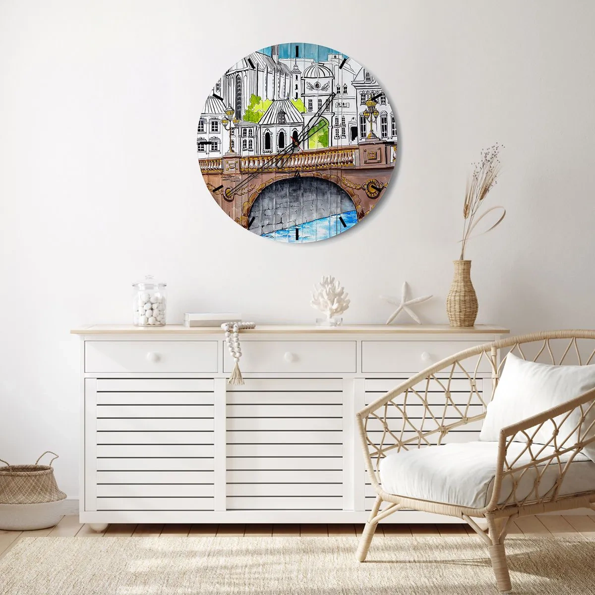 Ceas de perete - Ceas pe sticlă - Ilustrație a arhitecturii urbane cu un pod - 30x30cm - Orașul frumos ca o pictură - Decorațiune modernă pentru perete pentru living, bucătărie și dormitor ARTTOR
