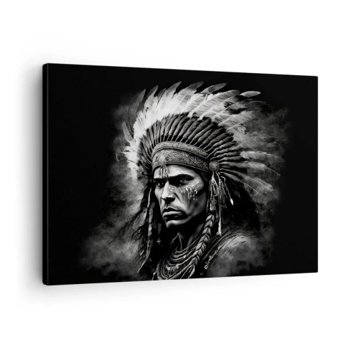 Tablou pe pânză Canvas - Portretul unui șef într-o coafură cu pene pe un fundal negru - 70x50cm - Conducător și luptător - Decorațiune modernă pentru perete pentru living și dormitor ARTTOR