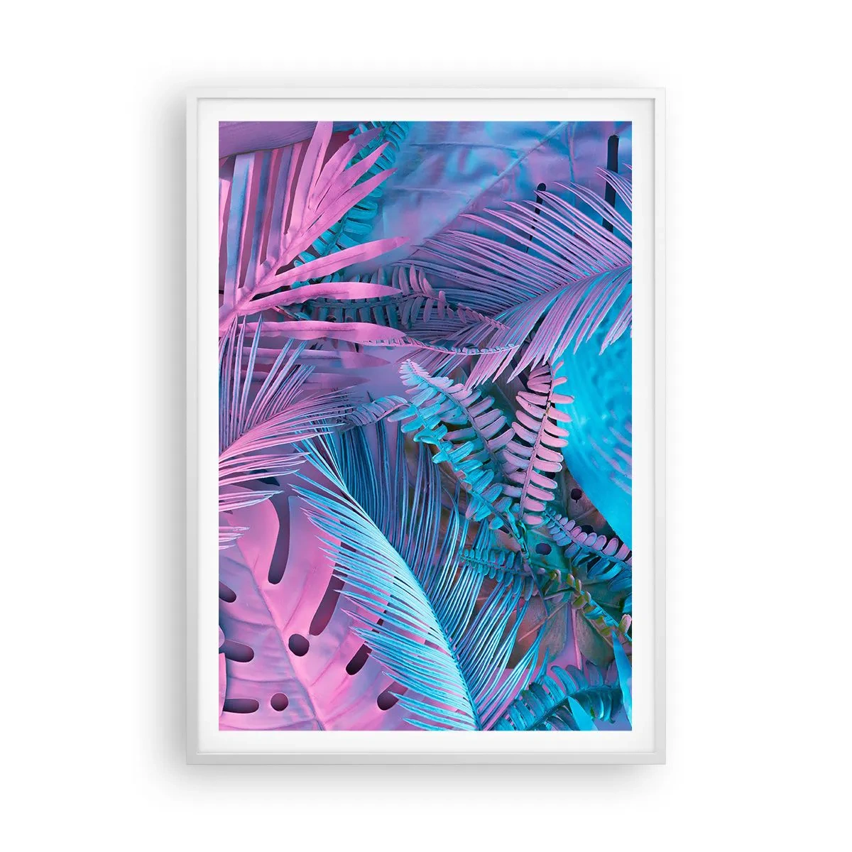 Poster în ramă albă - Palmieri în alb și albastru - 70x100 cm