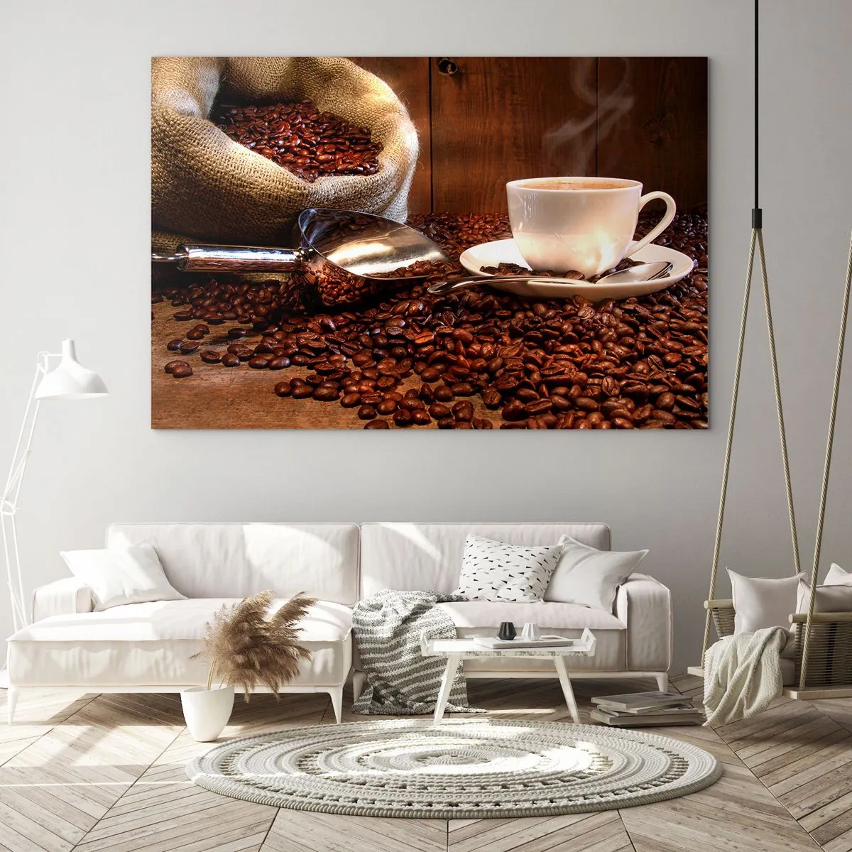 Tablou pe sticlă - O ceașcă de cafea pe un fundal de boabe și o pungă de iută - 70x50cm - Poți să simți parfumul? - Decorațiune modernă pentru perete pentru living și dormitor ARTTOR