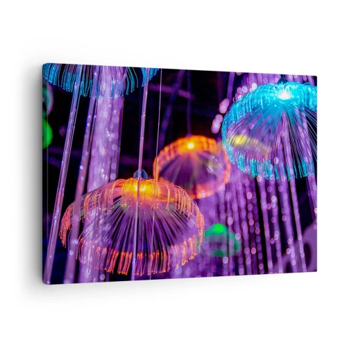 Tablou pe pânză Canvas - Meduze luminoase colorate într-un mediu întunecat - 70x50cm - Fântână de lumină - Decorațiune modernă pentru perete pentru living și dormitor ARTTOR