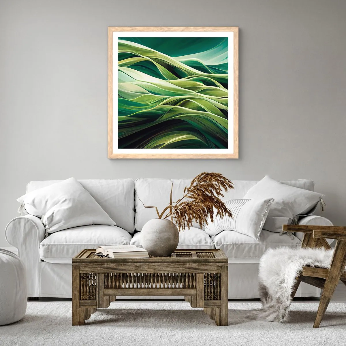 Poster în ramă de stejar deschis - Un joc abstract de verde - 60x60 cm