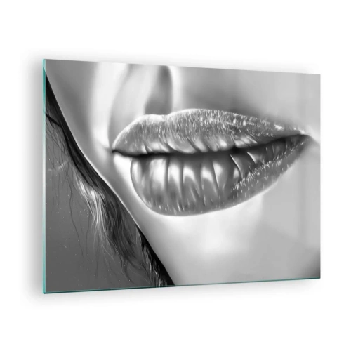 Tablou pe sticlă - Buze feminine senzuale în tonuri monocromatice - 70x50cm - Știu la ce te gândești... - Decorațiune modernă pentru perete pentru living și dormitor ARTTOR