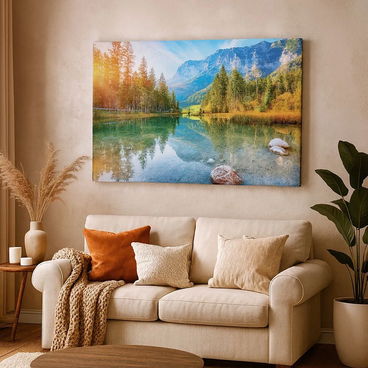 Tablou pe pânză Canvas - Un lac pitoresc înconjurat de munți și păduri - 70x50cm - Blândețea toamnei - Decorațiune modernă pentru perete pentru living și dormitor ARTTOR