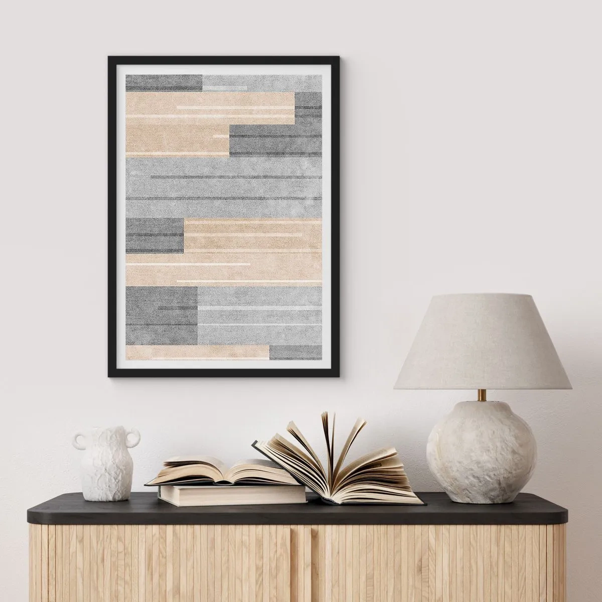 Poster în ramă neagră - O compoziție geometrică modernă în nuanțe de gri și bej - 50x70cm - Compoziție: în poziție verticală - Decorațiune modernă pentru perete pentru living și dormitor ARTTOR
