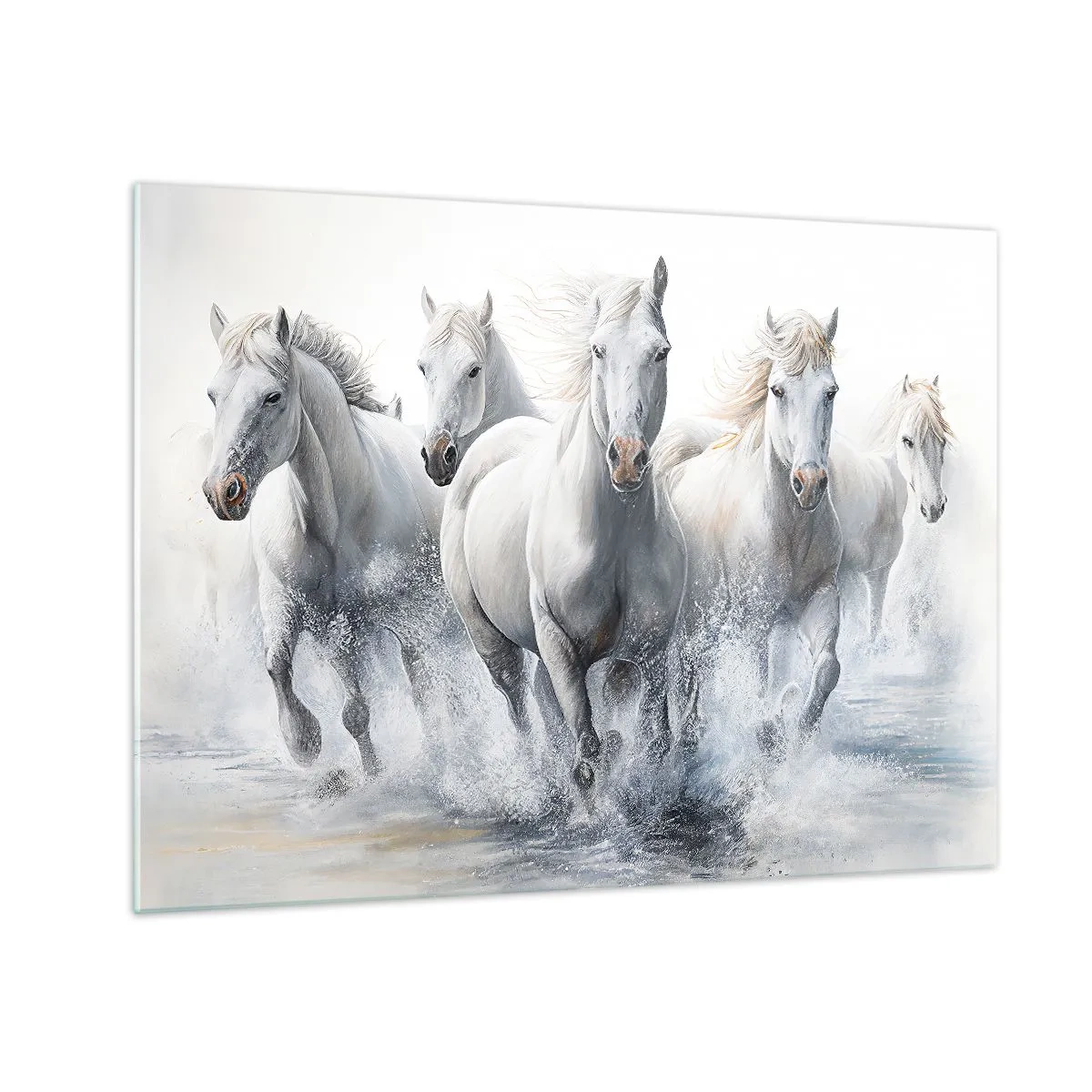 Tablou pe sticlă - Cai albi galopând prin apă într-o compoziție dinamică - 70x50cm - Magie albă - Decorațiune modernă pentru perete pentru living și dormitor ARTTOR