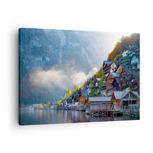 Tablou pe pânză Canvas - Un sat de munte lângă un lac în peisaj de toamnă - 70x50cm - Atmosferă alpină - Decorațiune modernă pentru perete pentru living și dormitor ARTTOR