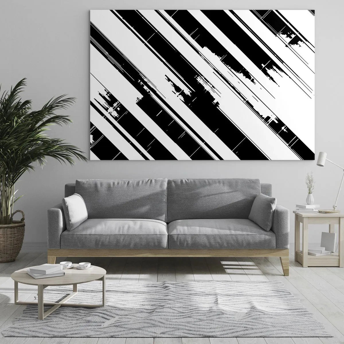 Tablou pe sticlă - Dungi dinamice alb-negre cu efect distressed - 70x50cm - Compoziție intensă și dinamică - Decorațiune modernă pentru perete pentru living și dormitor ARTTOR