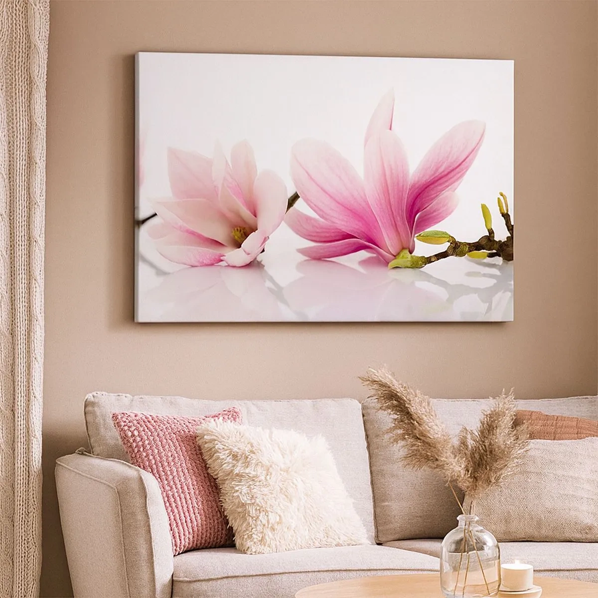 Tablou pe pânză Canvas - Magnolii roz delicate pe fundal alb - 70x50cm - Delicate ca o adiere de primăvară - Decorațiune modernă pentru perete pentru living și dormitor ARTTOR
