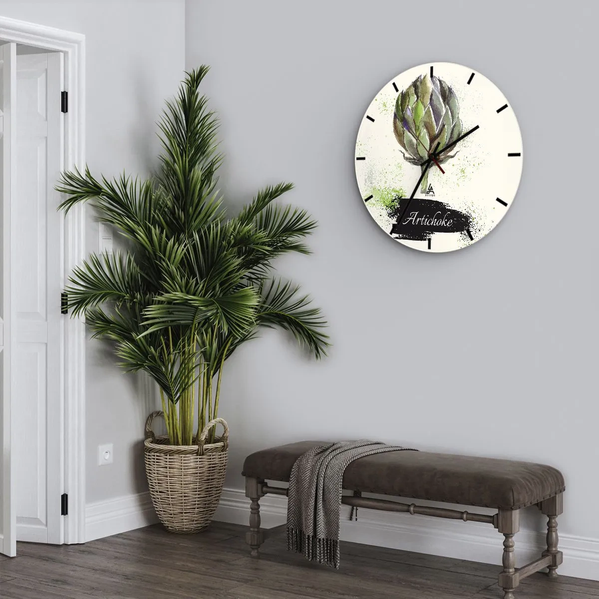 Ceas de perete - Ceas pe sticlă - Anghinare în acuarelă pe fundal deschis - 30x30cm - Trăiască legumele! - Decorațiune modernă pentru perete pentru living, bucătărie și dormitor ARTTOR