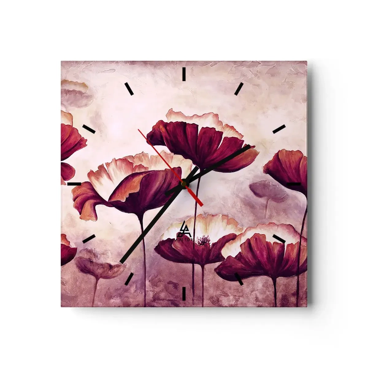 Ceas de perete - Ceas pe sticlă - Fulgi roșii și albi - 40x40 cm