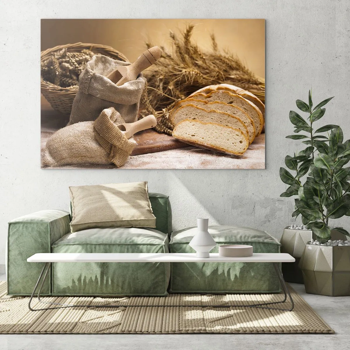 Tablou pe sticlă - Pâine, făină și spice de grâu în stil rustic - 70x50cm - Oprire violentă - Decorațiune modernă pentru perete pentru living și dormitor ARTTOR
