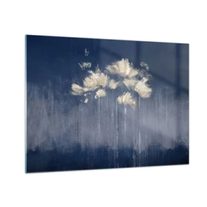 Tablou pe sticlă - Aranjament floral abstract auriu pe fundal bleumarin - 70x50cm - Ca petalele în vânt - Decorațiune modernă pentru perete pentru living și dormitor ARTTOR