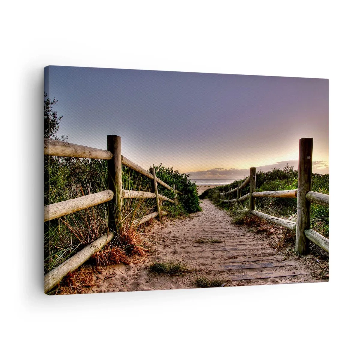 Tablou pe pânză Canvas - Cale de lemn printre dune care duce la plajă la apus - 70x50cm - Deja se vede ținta - Decorațiune modernă pentru perete pentru living și dormitor ARTTOR