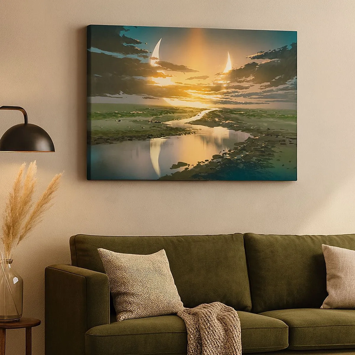 Tablou pe pânză Canvas - Un peisaj fantastic cu două luni la orizont - 70x50cm - Undeva într-o galaxie foarte, foarte îndepărtată - Decorațiune modernă pentru perete pentru living și dormitor ARTTOR