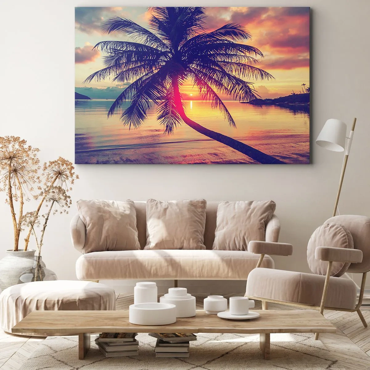 Tablou pe pânză Canvas - Apus de soare cu un palmier peste un țărm liniștit - 70x50cm - O seară sub palmieri - Decorațiune modernă pentru perete pentru living și dormitor ARTTOR