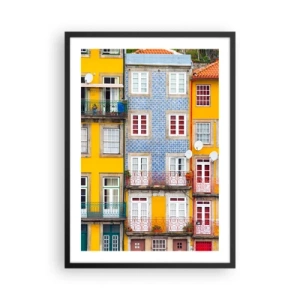 Poster în ramă neagră - Fațade colorate ale caselor de tip bloc în stil portughez - 50x70cm - Culorile orașului vechi - Decorațiune modernă pentru perete pentru living și dormitor ARTTOR