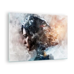 Tablou pe sticlă - Profilul unei femei în stil acuarelă, cu un oraș în fundal. - 70x50cm - Povestea unei fete cu un oraș în fundal - Decorațiune modernă pentru perete pentru living și dormitor ARTTOR