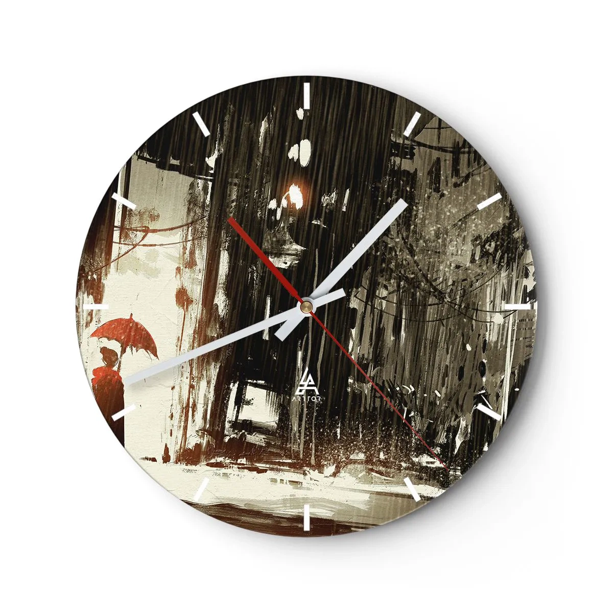 Ceas de perete - Ceas pe sticlă - O scenă cu o umbrelă pe o stradă ploioasă - 30x30cm - Poezia umbrelei roșii - Decorațiune modernă pentru perete pentru living, bucătărie și dormitor ARTTOR