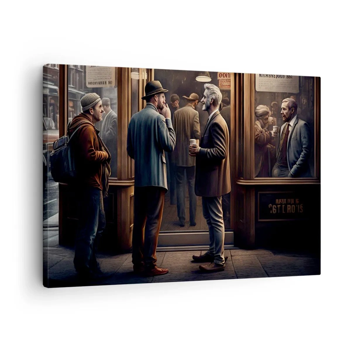 Tablou pe pânză Canvas - Scenă stradală cu oameni în fața unei cafenele retro - 70x50cm - Cel mai bun moment al zilei - Decorațiune modernă pentru perete pentru living și dormitor ARTTOR