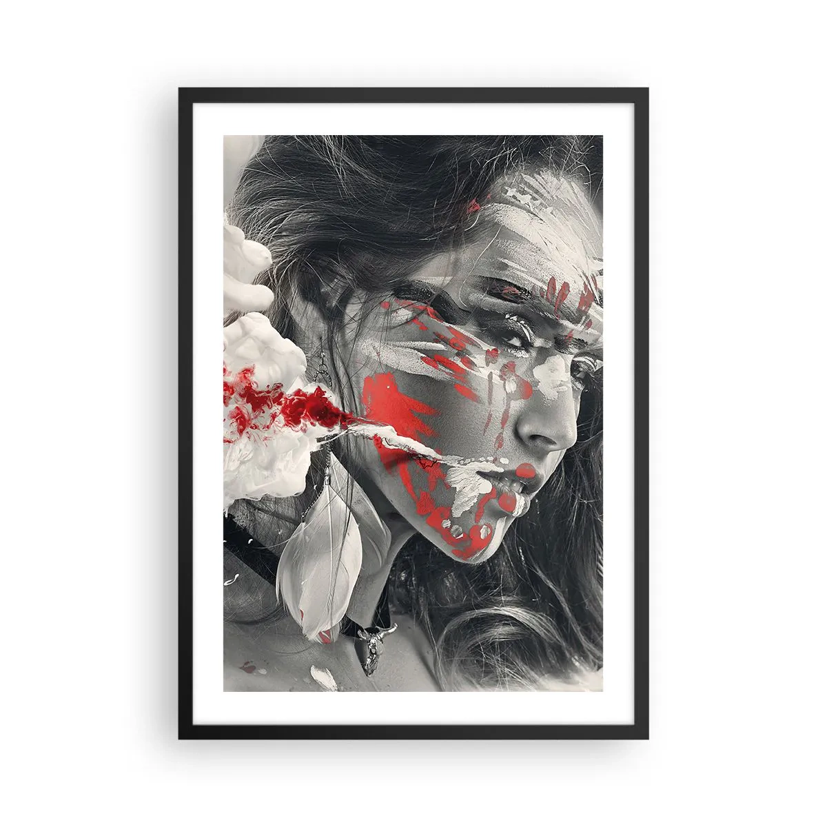 Poster în ramă neagră - Portret artistic cu accent roșu - 50x70cm - În aburul absurdului - Decorațiune modernă pentru perete pentru living și dormitor ARTTOR