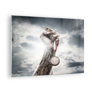 Tablou pe sticlă - O mână care ține o medalie pe un fundal de nori - 70x50cm - Per aspera ad astra - Decorațiune modernă pentru perete pentru living și dormitor ARTTOR