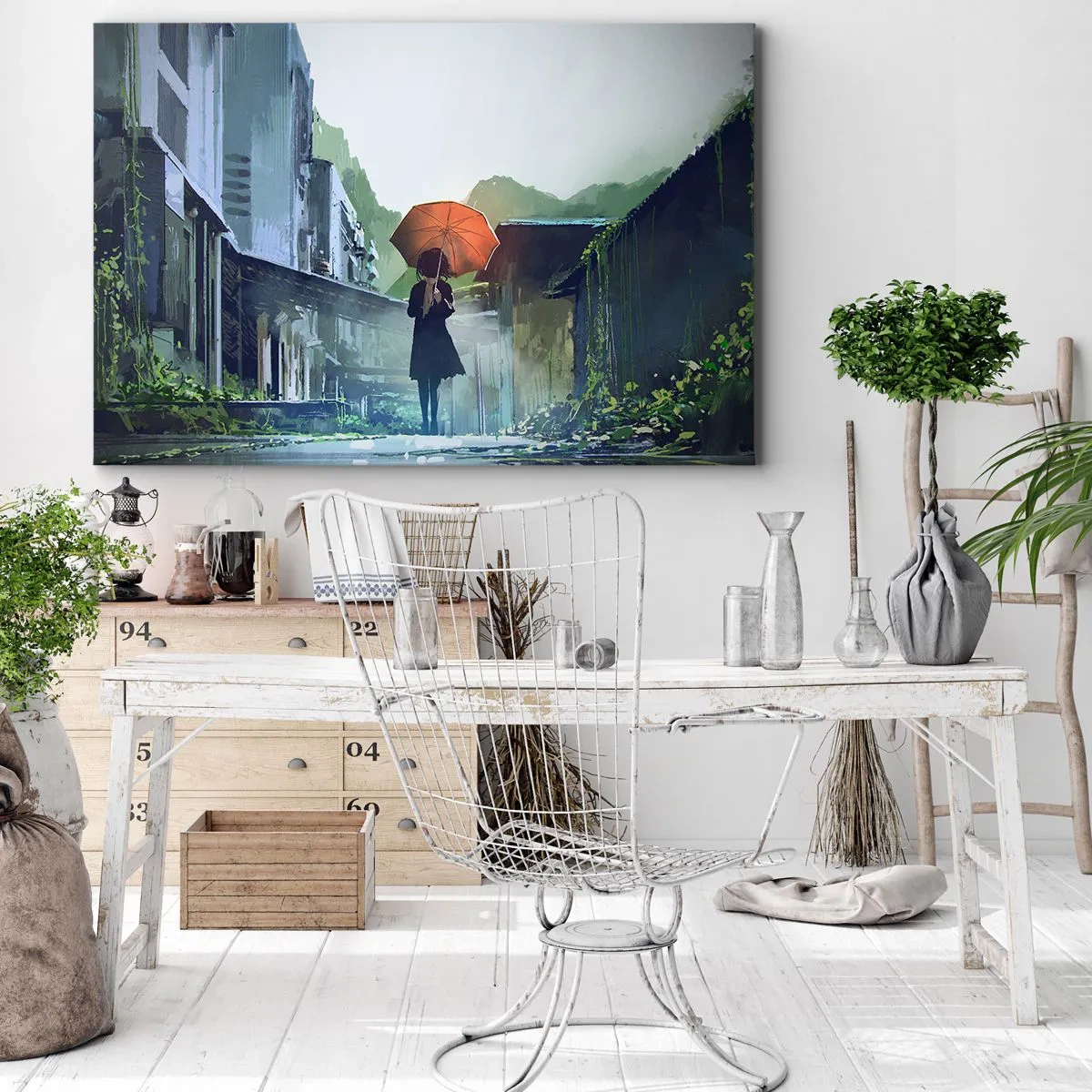 Tablou pe pânză Canvas - O figură cu o umbrelă într-un oraș ploios - 70x50cm - Ploaie revitalizantă - Decorațiune modernă pentru perete pentru living și dormitor ARTTOR