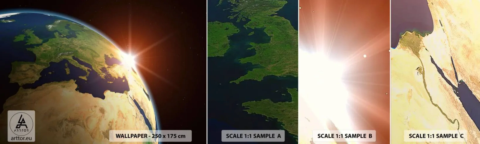 Mostră de Tapet Standard Eco - Răsărit de soare - Cosmos, Glob, Continente - 100x30 cm