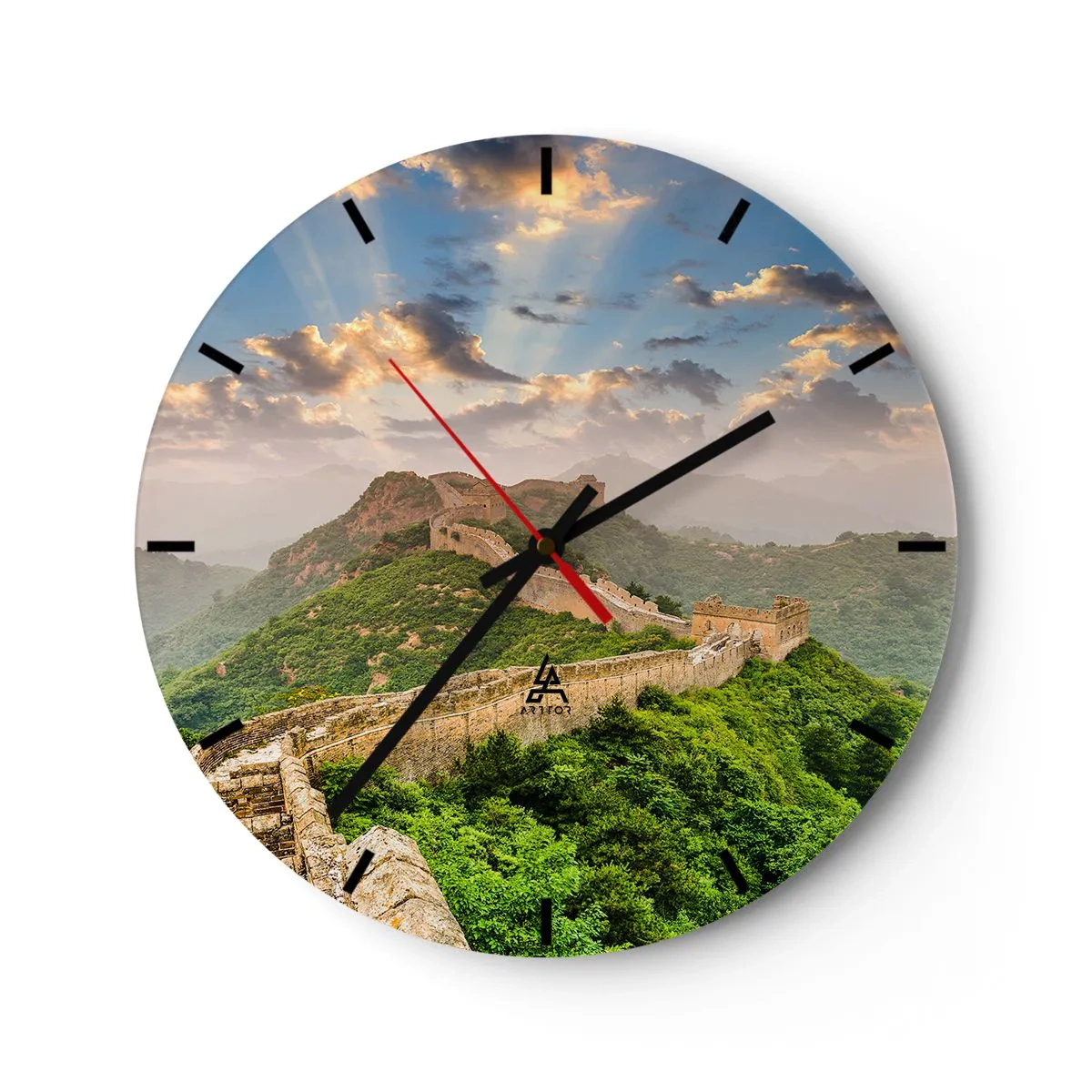Ceas de perete - Ceas pe sticlă - Marele Zid Chinezesc la răsărit, înconjurat de dealuri verzi - 30x30cm - Măreția netrecătoare - Decorațiune modernă pentru perete pentru living, bucătărie și dormitor ARTTOR